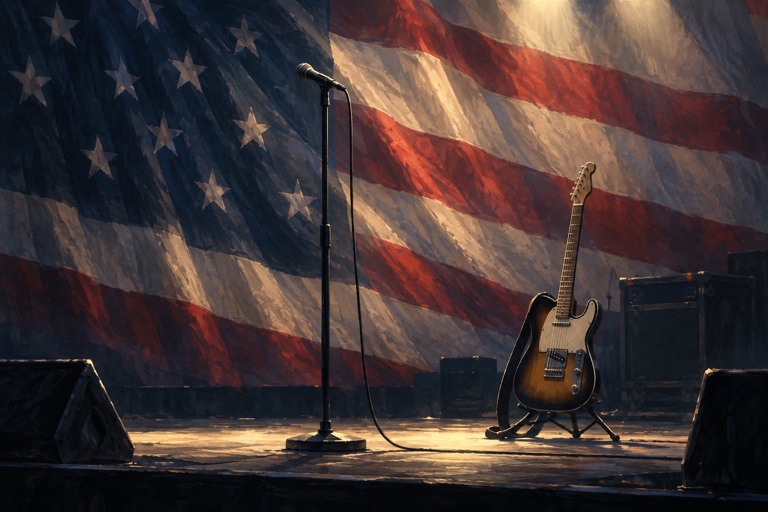 Conceptual illustration of a microphone and electric guitar on an empty stage before an American flag.