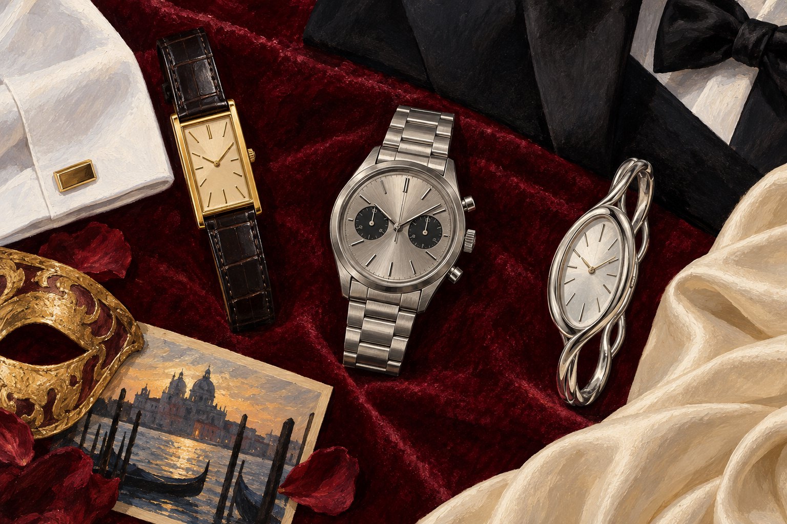 Concept illustration of three unbranded watches arranged on burgundy velvet with formal fabrics and Venetian decorative details.