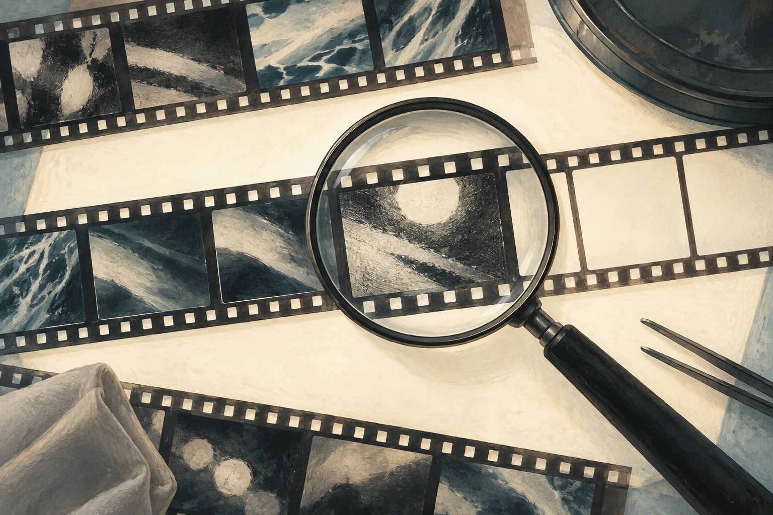 Conceptual illustration of a magnifying glass examining abstract images on film strips across a light table.