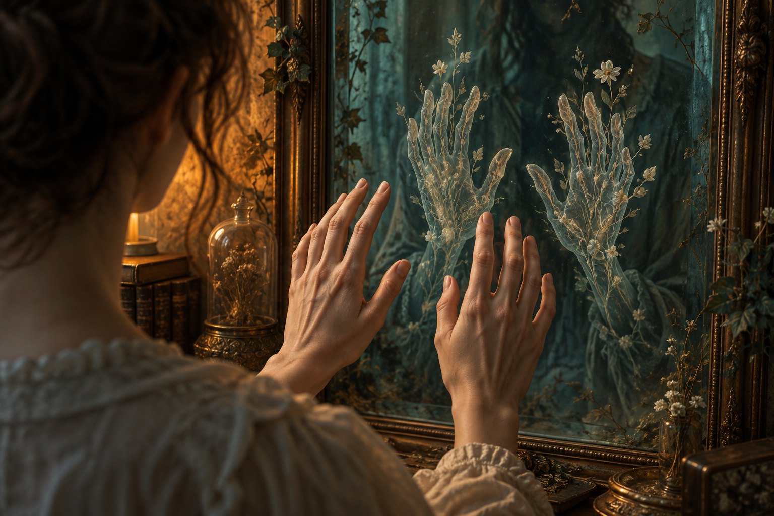 Conceptual illustration of a person holding up their hands before a mirror that reflects them as delicate botanical branches.
