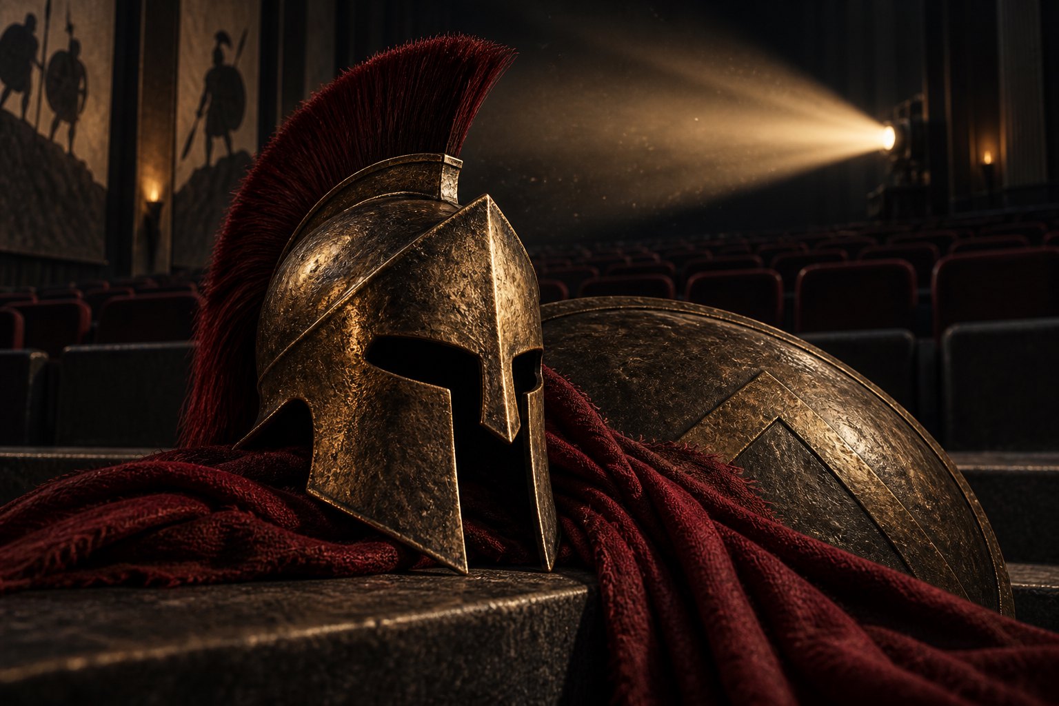 A bronze Greek helmet, round shield, and crimson cloak sit inside an empty cinema beneath a golden projector beam.