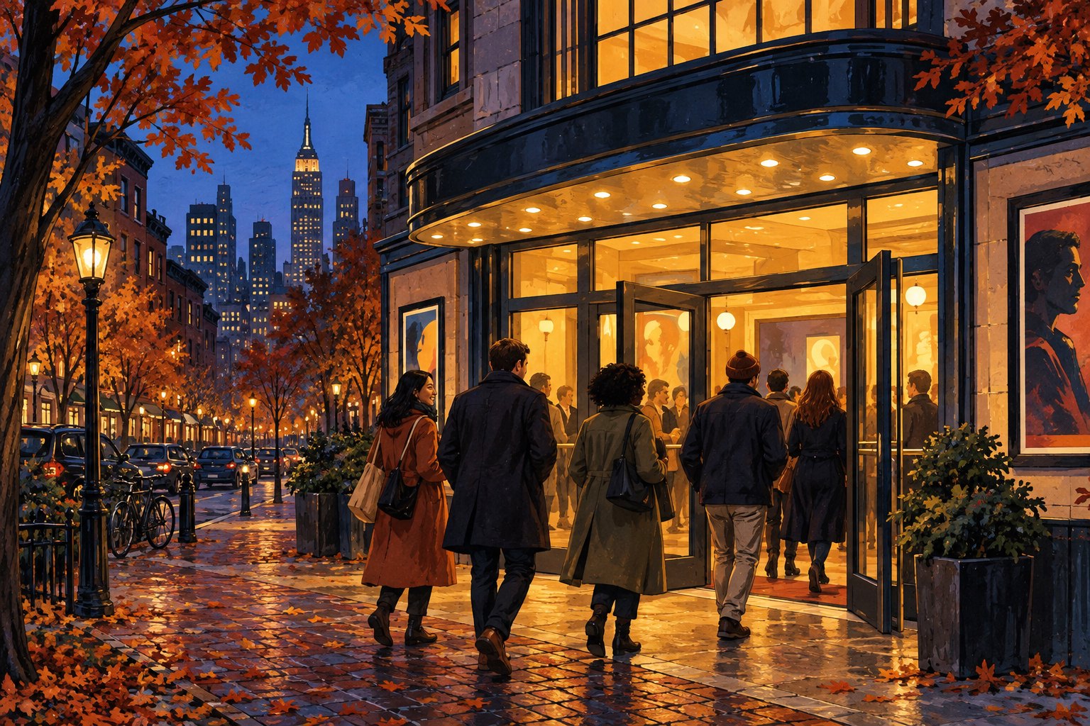 Illustration of moviegoers entering a warmly lit fictional New York neighborhood cinema at dusk.