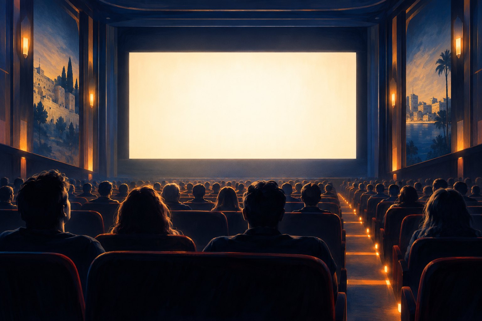 Editorial illustration of an audience facing a glowing blank cinema screen beneath warm aisle lights.