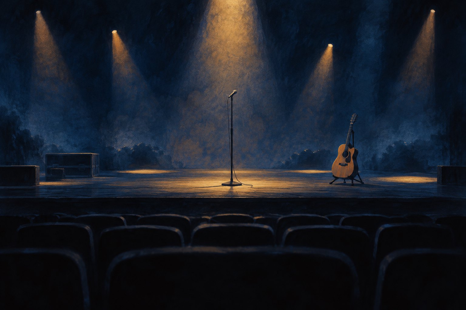 Editorial illustration of an empty concert stage with a central microphone and an acoustic guitar under amber spotlights.