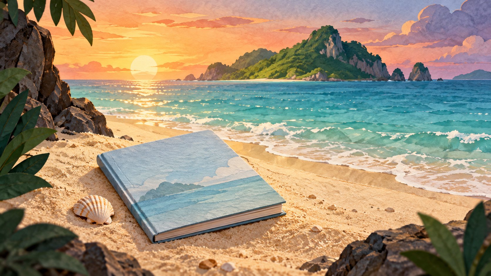 海島夕照下,淺藍色書冊與貝殼靜置沙灘的概念插畫,非官方特典實物