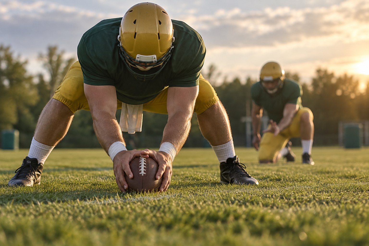 Editorial illustration of a football long snapper in green and gold preparing to snap, with a holder behind him.