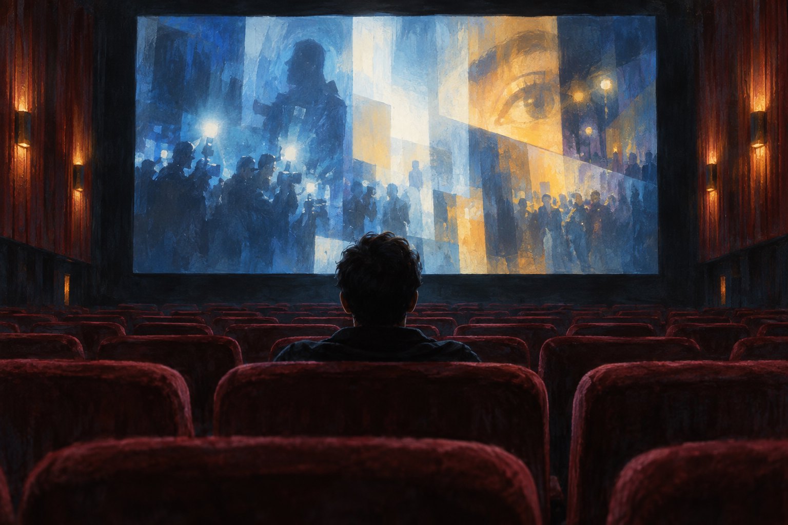 Conceptual illustration of a lone viewer in a dark theater facing a screen filled with blue and amber imagery.