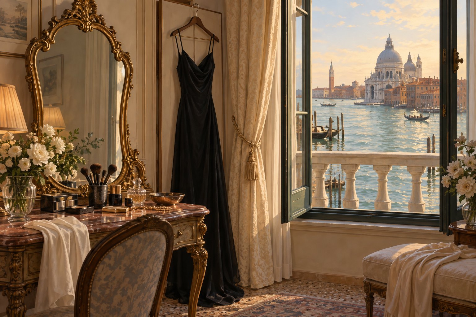 Conceptual illustration of a Venetian dressing room with a vanity, a black evening dress, and an open window overlooking the water.