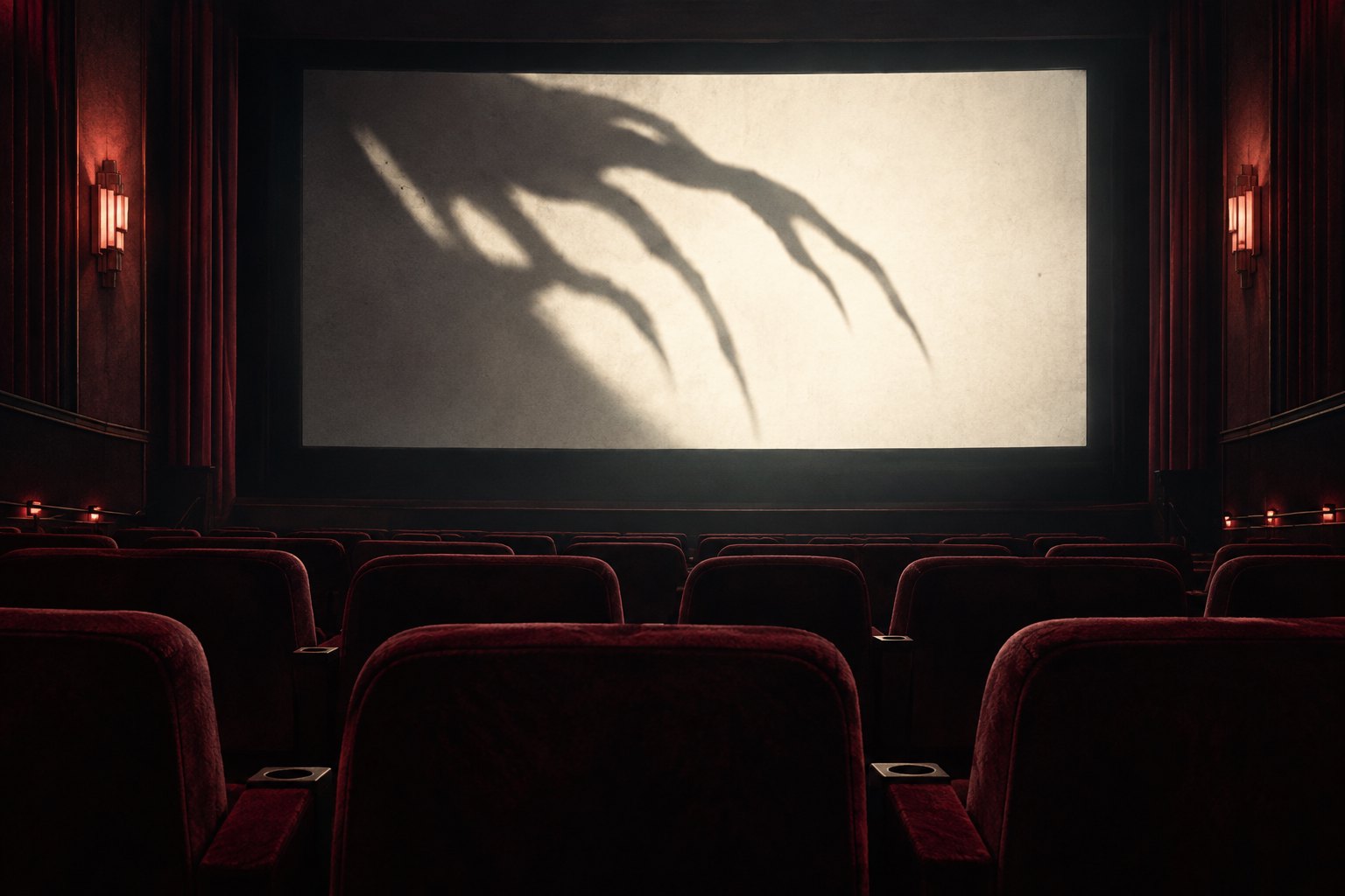 Conceptual illustration of a dark movie theater with burgundy seats facing a luminous screen.