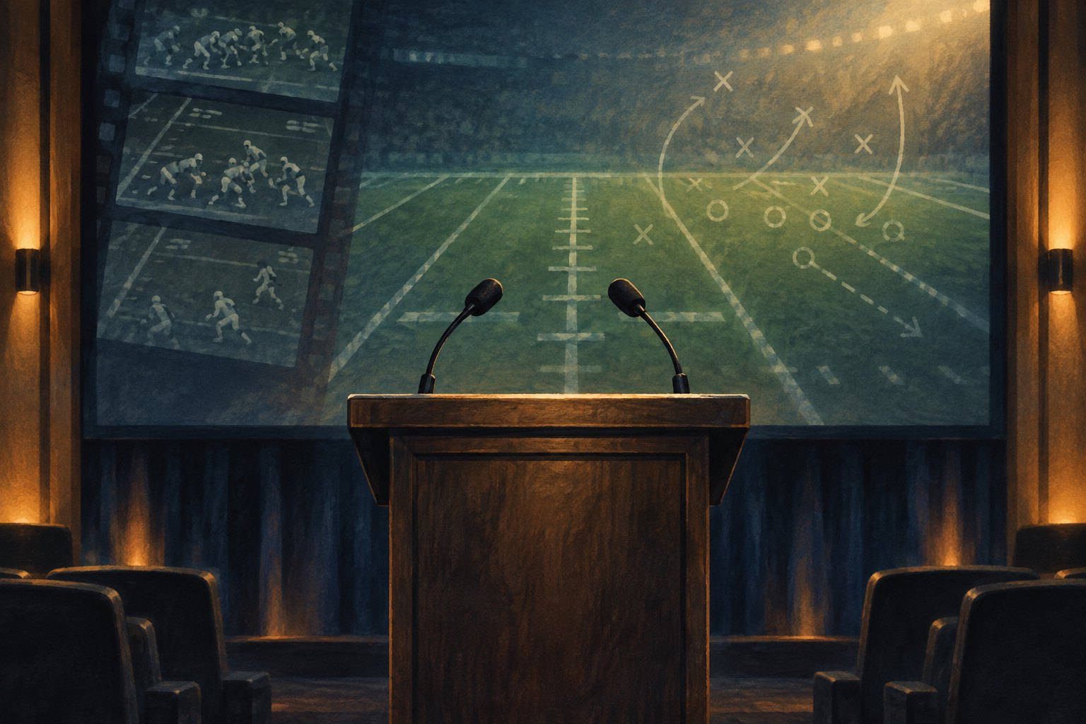 Conceptual illustration of an empty lectern with two microphones before a screen showing a football field and game-film imagery.