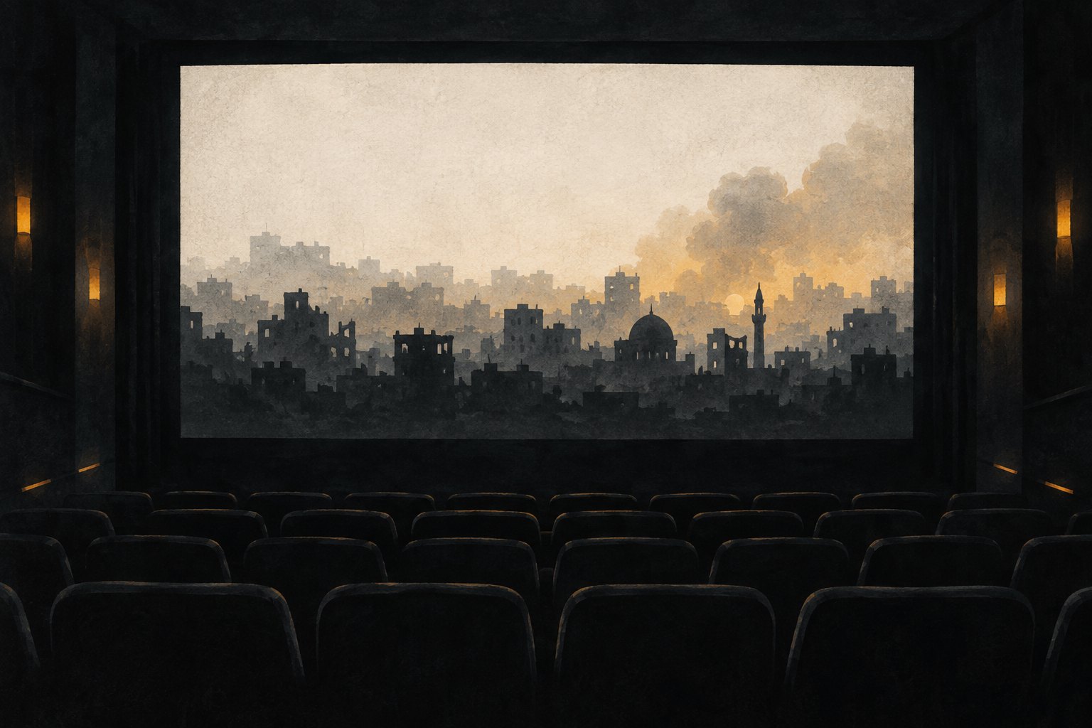 Symbolic illustration of an empty cinema facing a screen filled with layered city silhouettes in charcoal and amber.