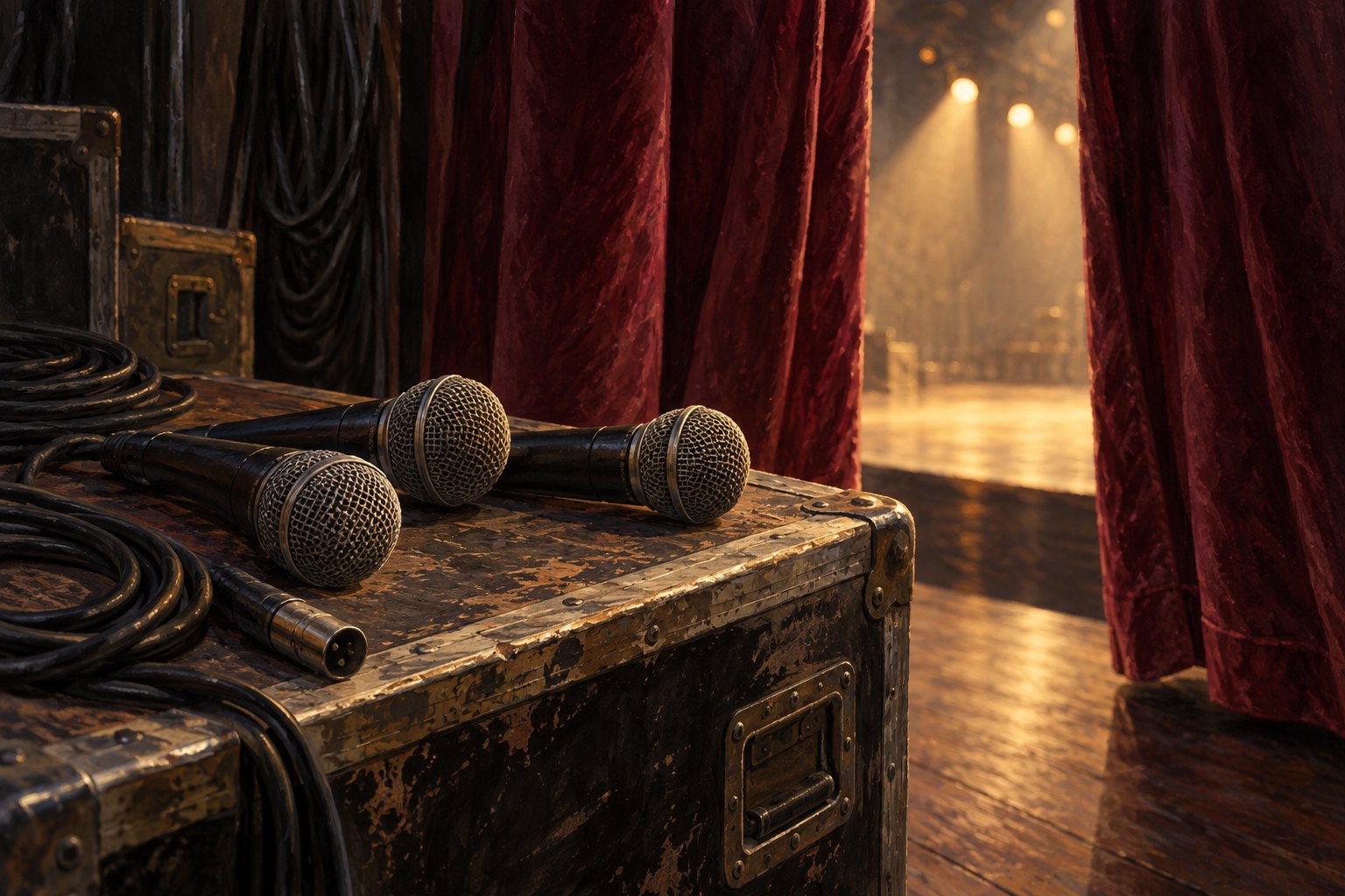 Editorial illustration of three microphones and coiled cables resting on a worn equipment case beside burgundy stage curtains.