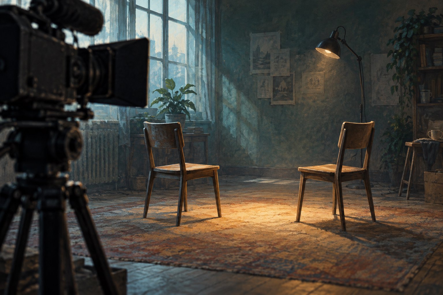 Conceptual illustration of a cinema camera facing two empty wooden chairs in a softly lit rehearsal room.