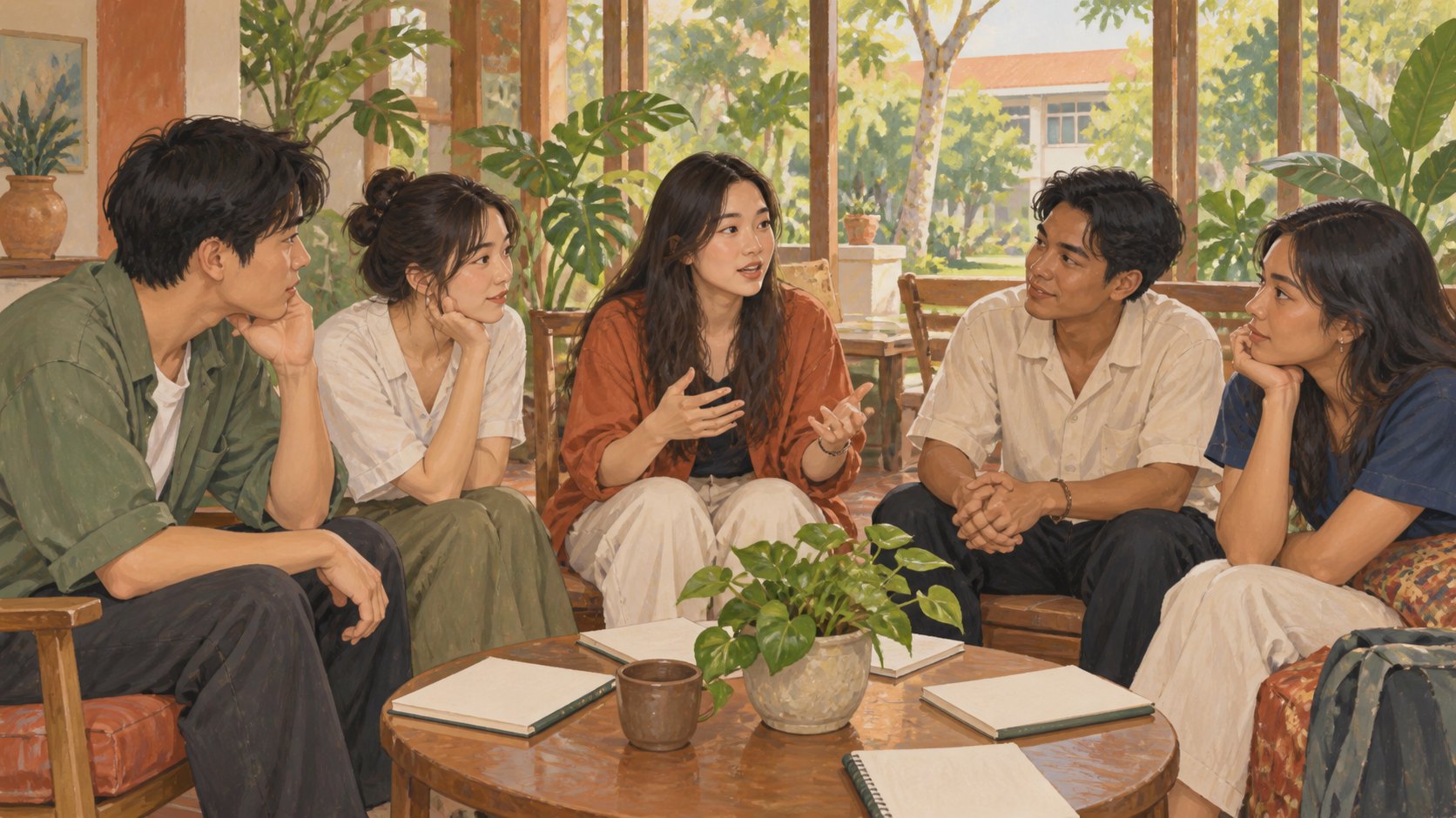 大學生在綠意環繞的校園交誼空間圍坐交流觀影感受的情境插畫,非活動現場紀錄