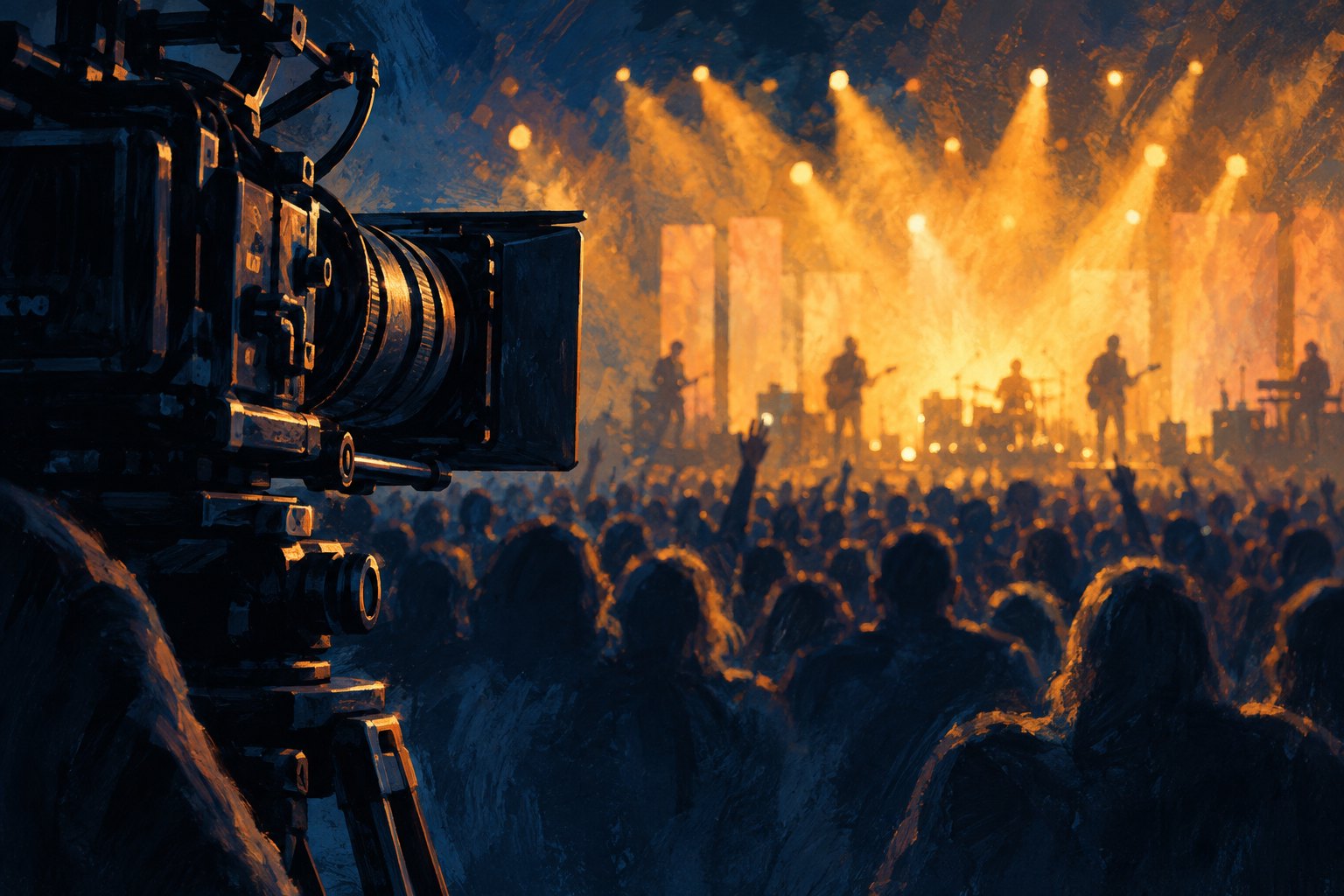 Conceptual illustration of a cinema camera overlooking a silhouetted concert audience and an amber-lit stage.