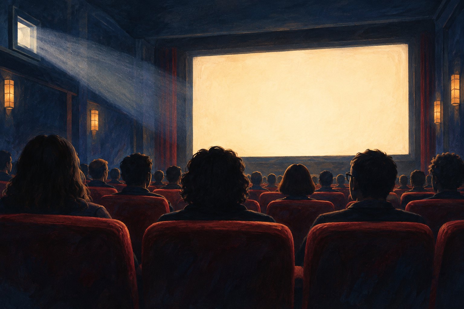 Gouache illustration of moviegoers facing a glowing blank screen in a dark cinema.