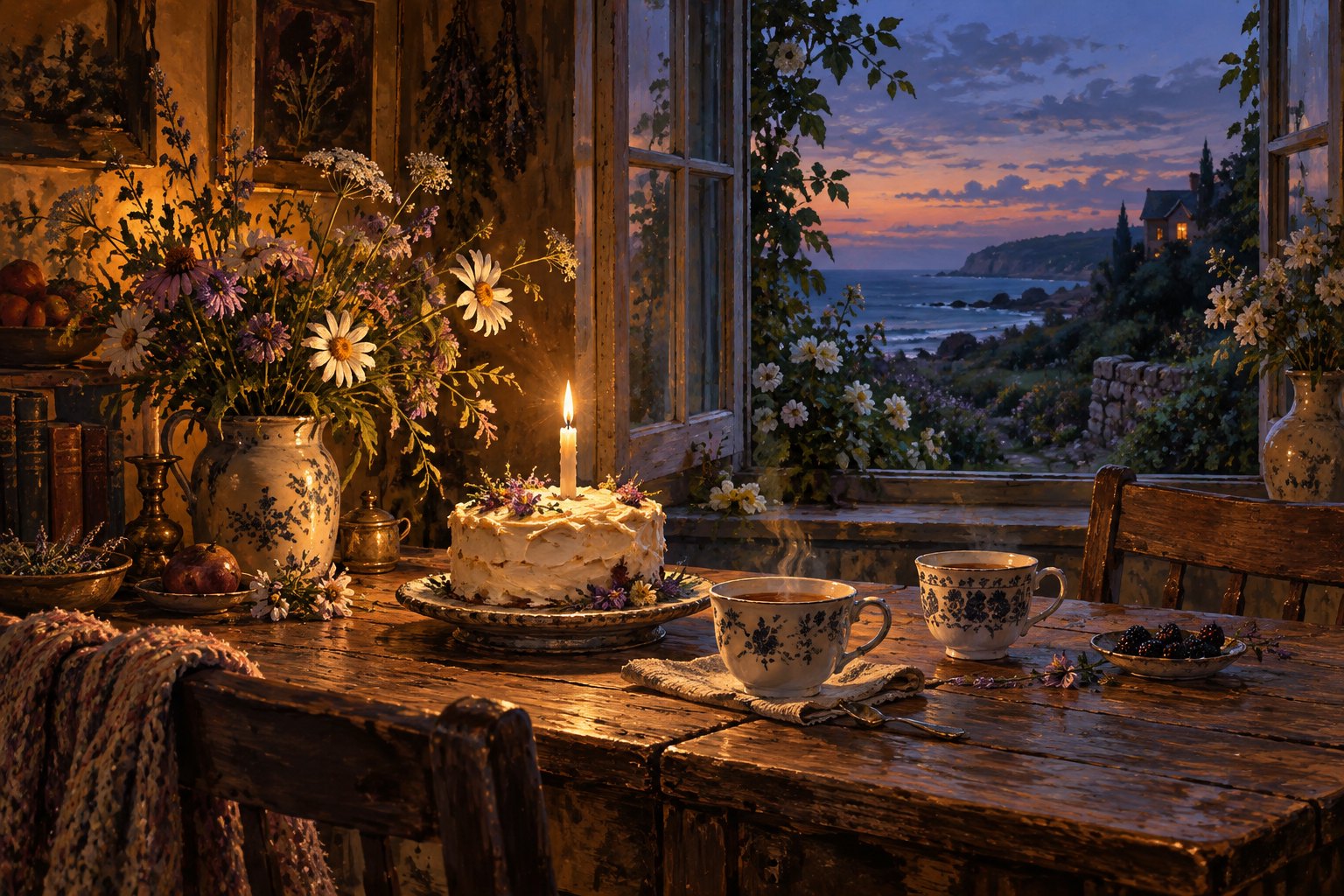 Symbolic illustration of a candlelit birthday cake, two teacups, and wildflowers beside a window overlooking the coast at dusk.