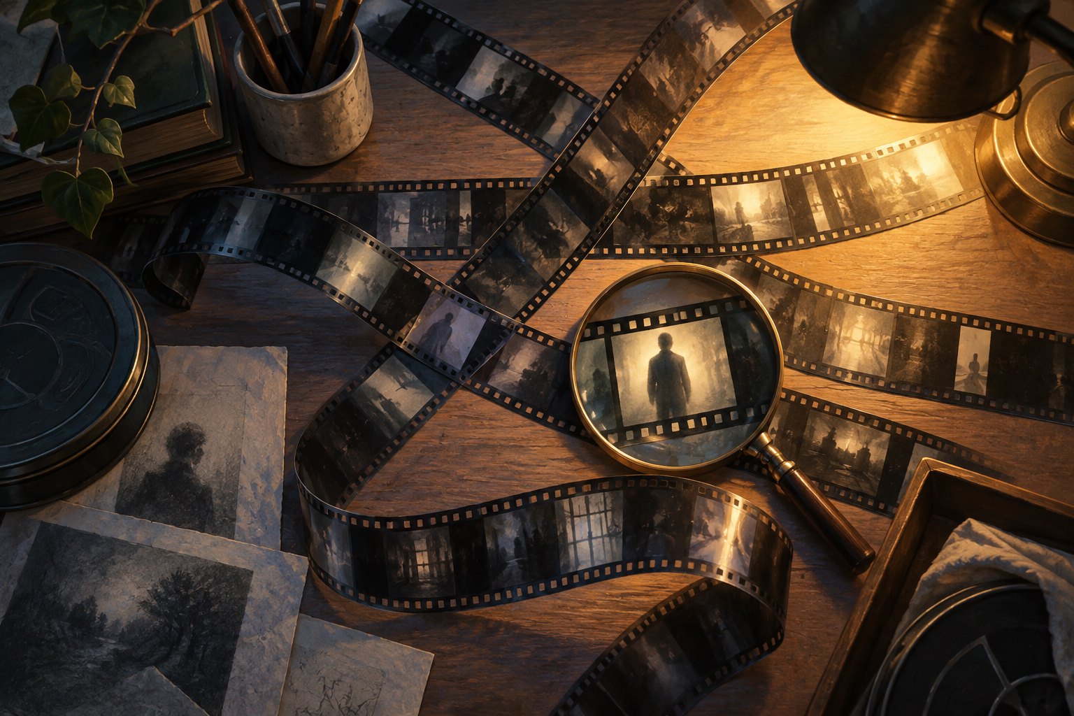 Conceptual illustration of film strips on a warmly lit worktable, with a magnifying glass framing an anonymous silhouette.