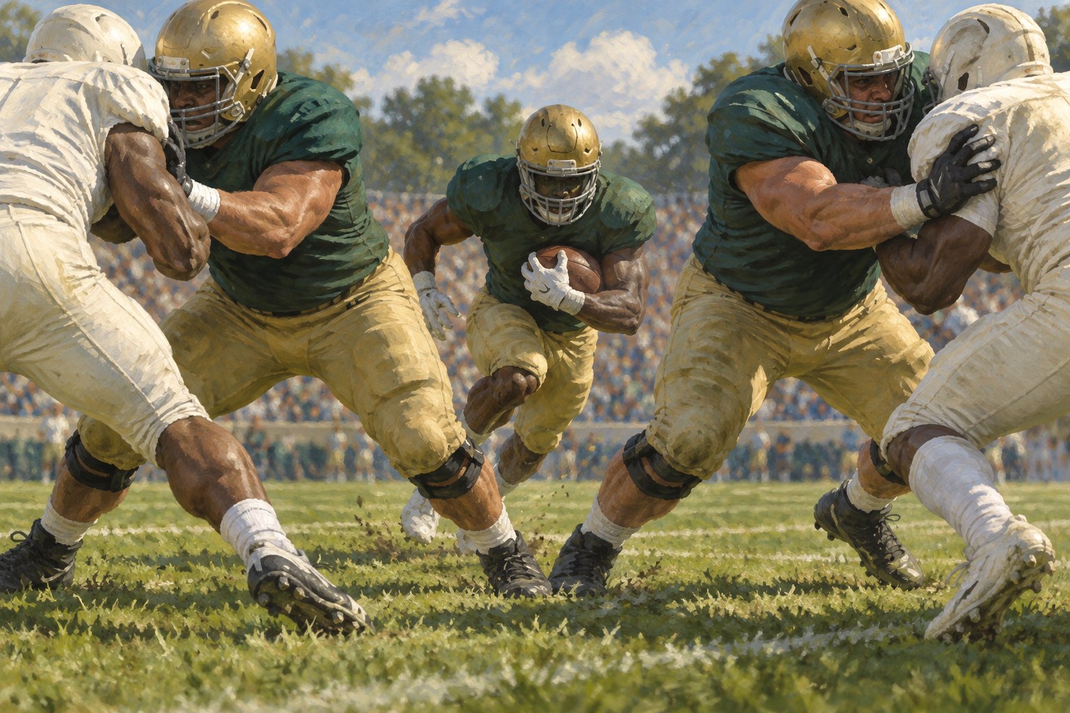 A painterly illustration of a football ball carrier moving through space between blockers in green and gold uniforms.