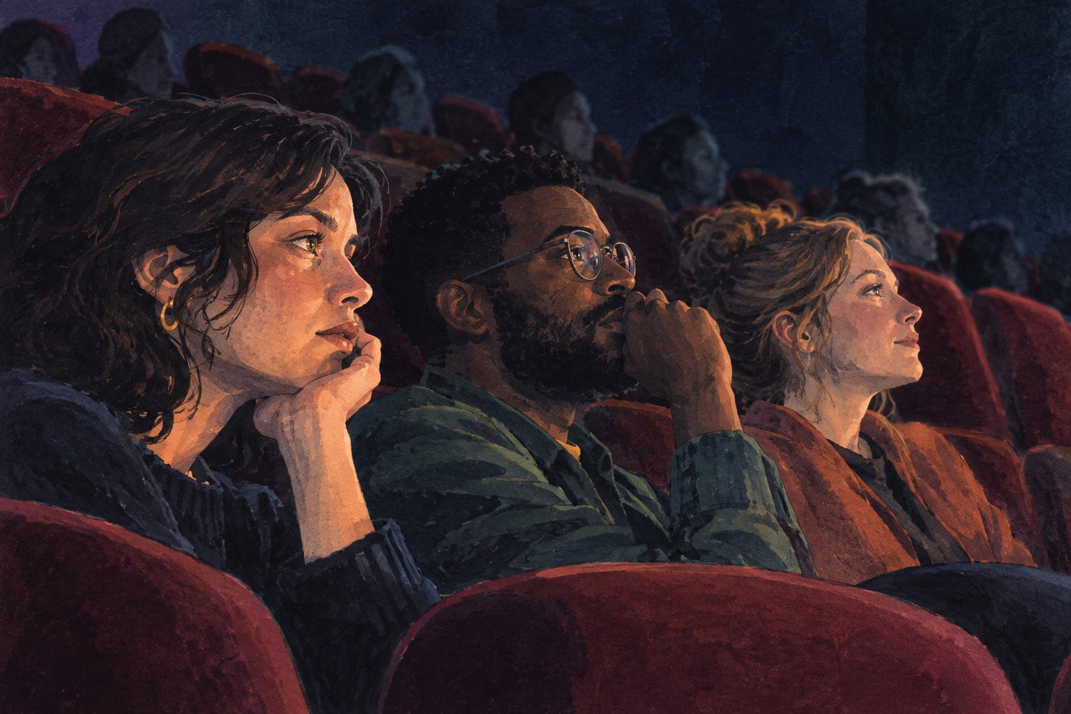 Illustration of three thoughtful viewers illuminated by screen light inside a dark cinema.