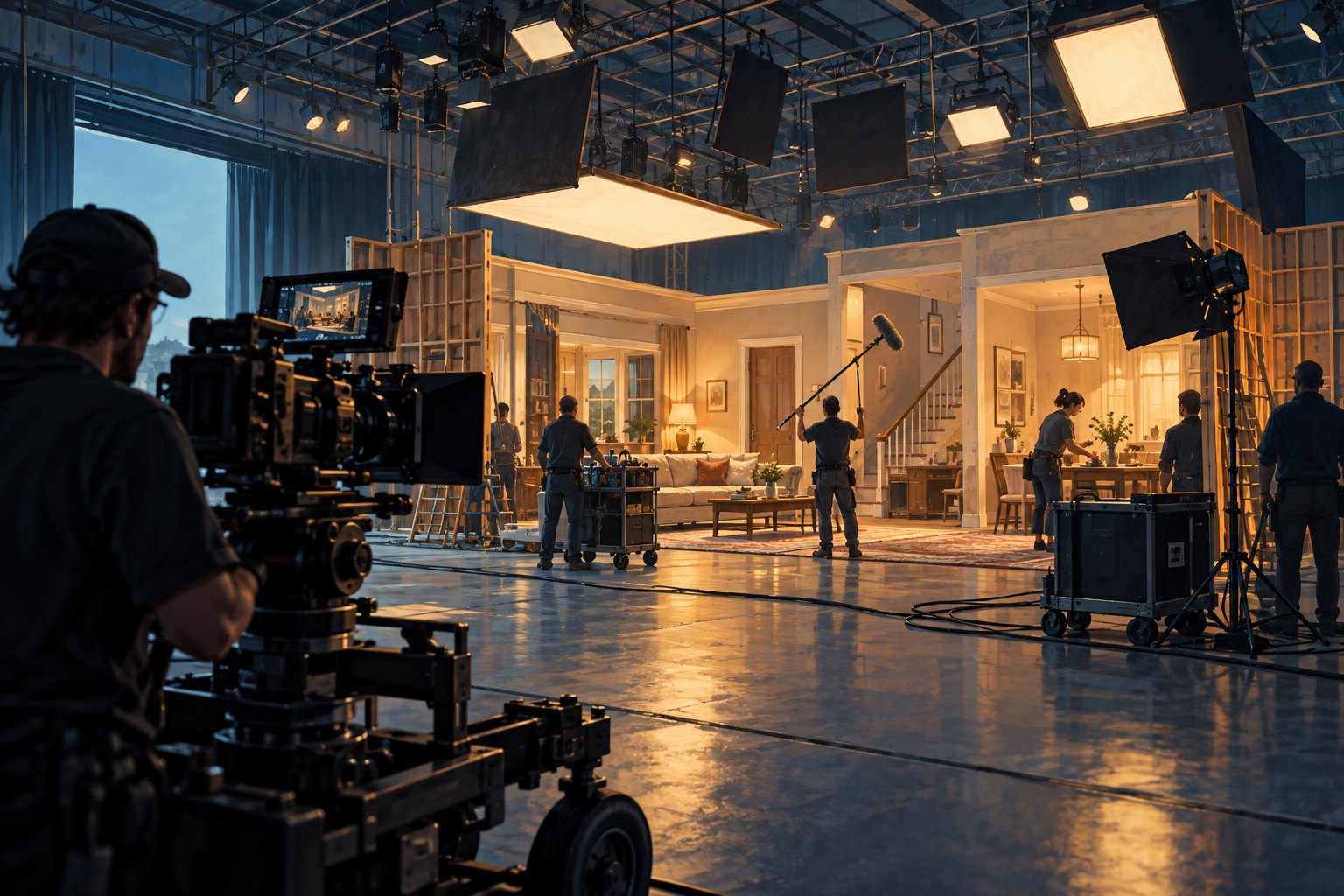 Editorial illustration of a camera and crew working around a warmly lit interior set inside a film soundstage.
