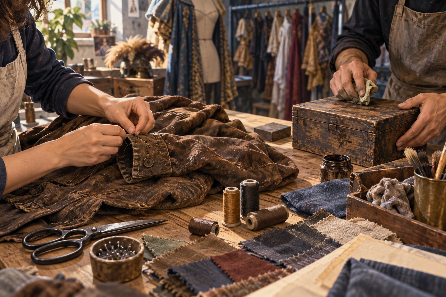 Editorial illustration of workshop hands stitching a weathered costume jacket and aging a wooden prop box.