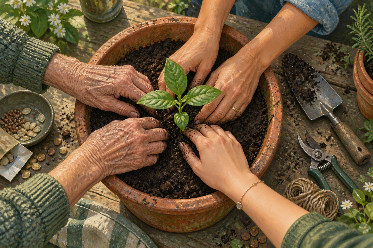 Symbolic illustration of women’s hands of different ages planting a green seedling together in a terracotta pot.
