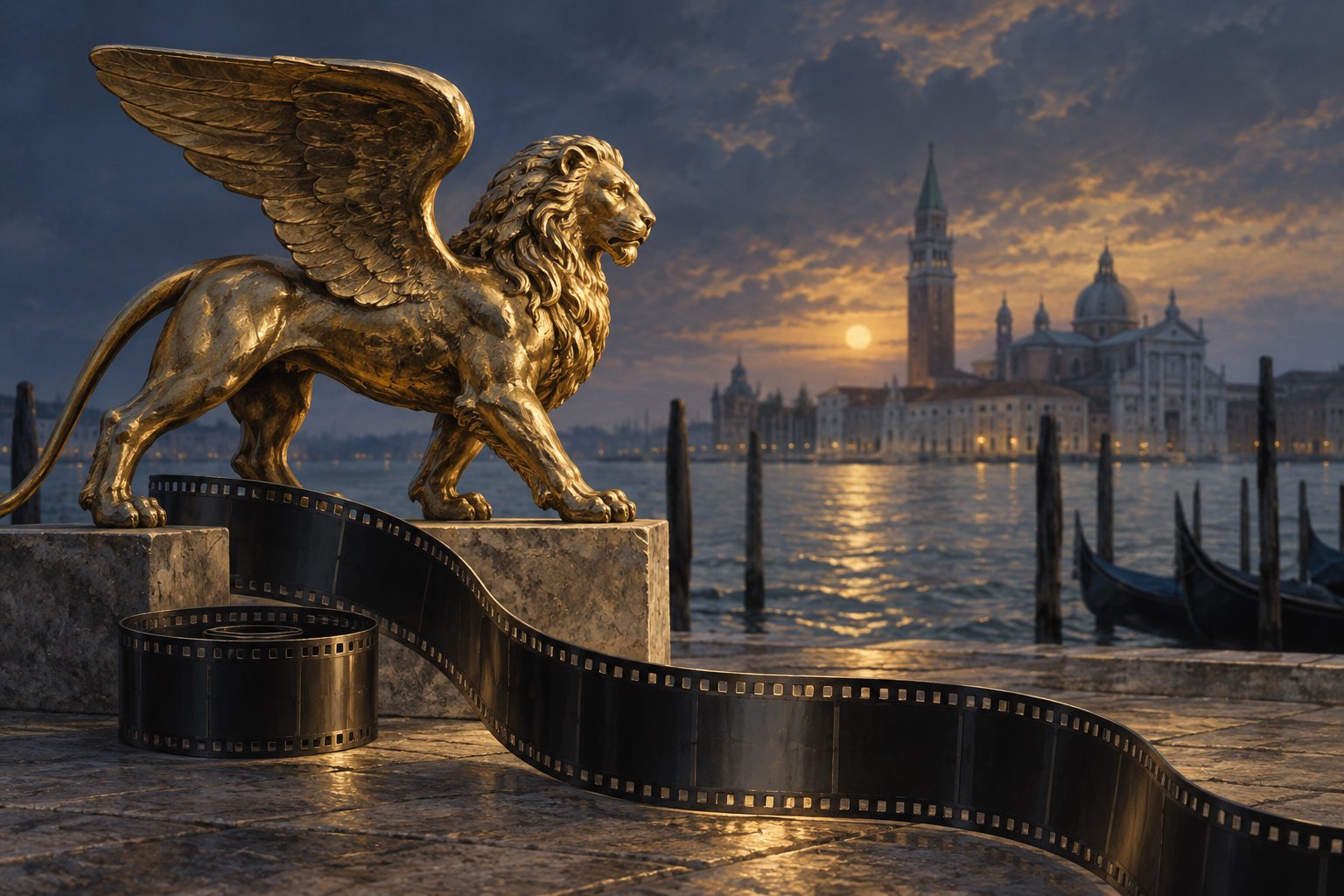 Conceptual illustration of a golden winged lion beside a filmstrip overlooking the Venice waterfront.