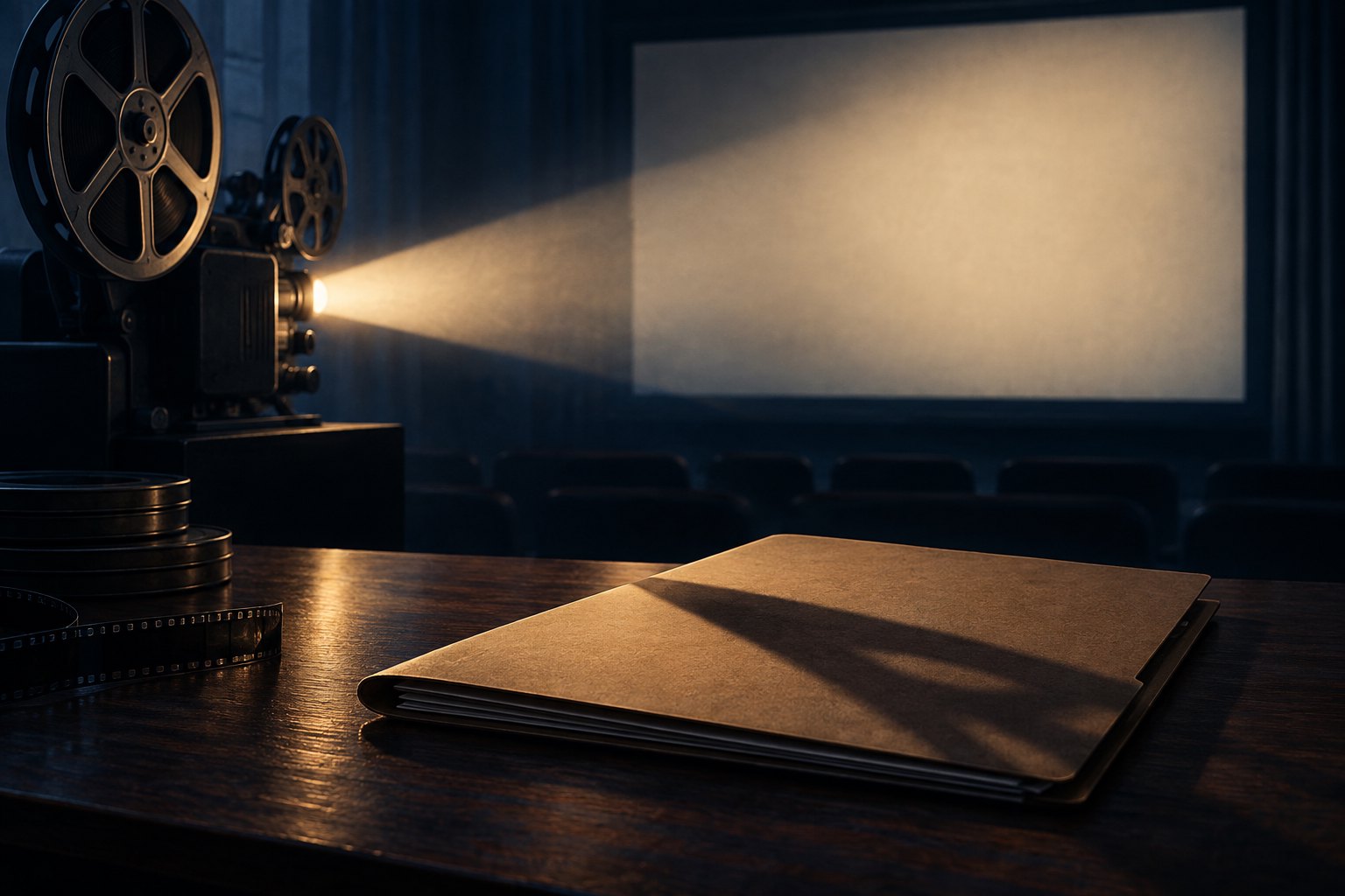 Conceptual illustration of a cinema projector illuminating a blank screen behind a closed document folder.
