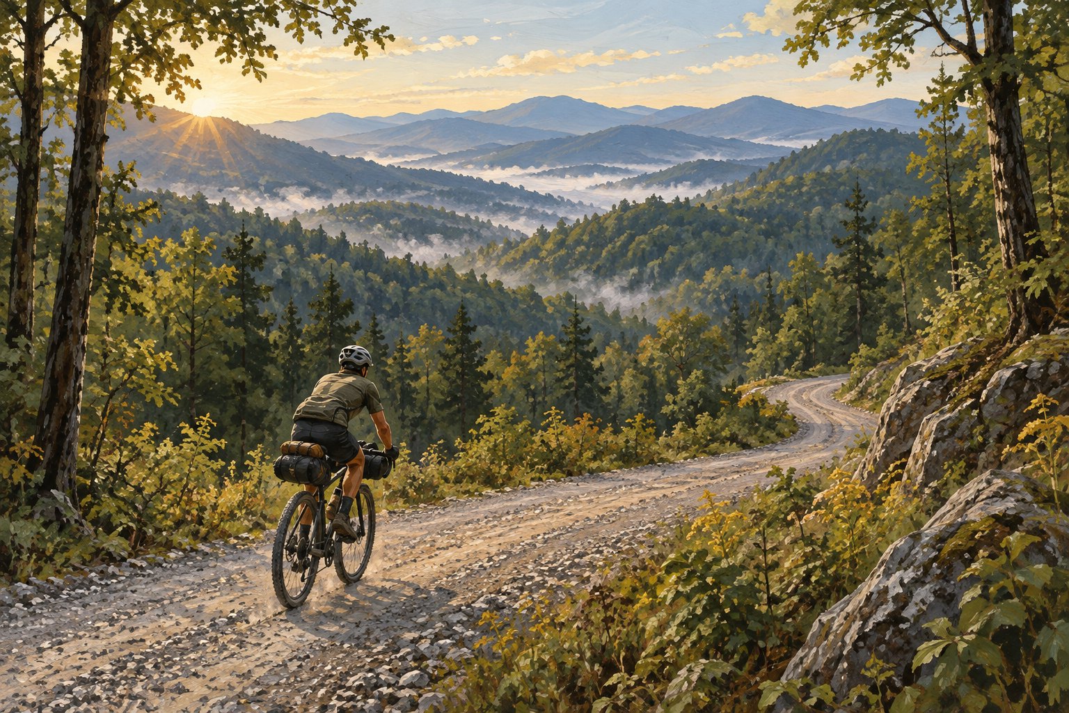 Conceptual illustration of a lone bikepacker riding a winding gravel road through wooded mountains at sunrise.