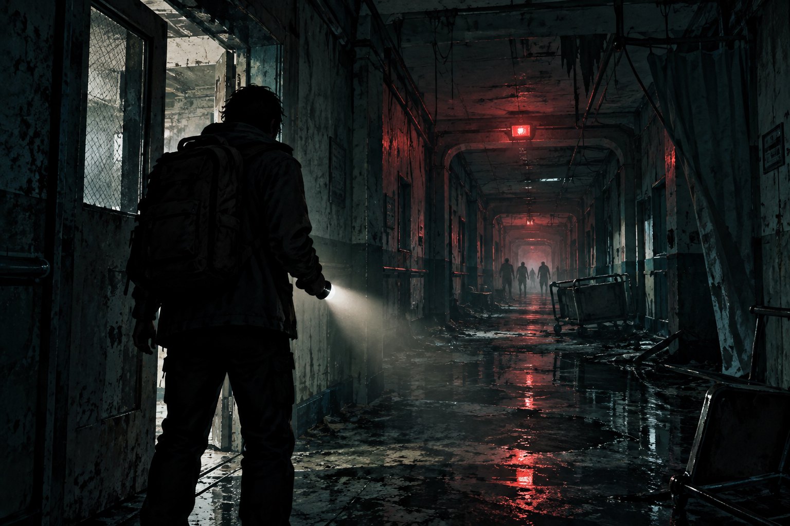 Concept illustration of a lone flashlight-bearing figure facing distant silhouettes in a decaying corridor lit by red emergency lights.