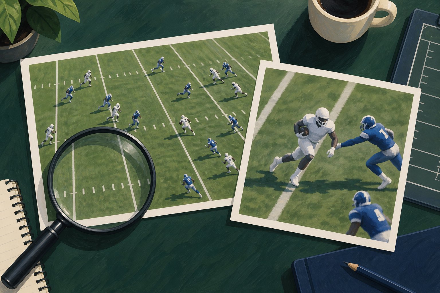 Editorial illustration of wide and tightly cropped football photographs beside a magnifying glass on a green desk.
