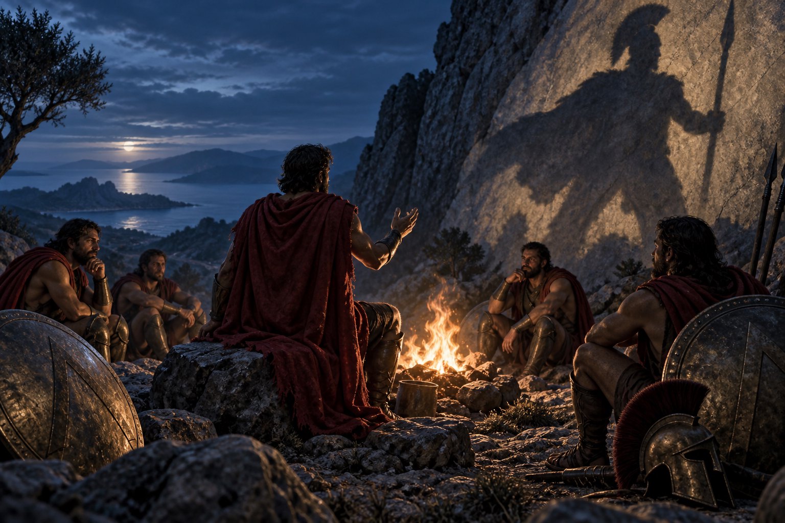 An illustrated Greek veteran addresses soldiers around a campfire as an enormous warrior shadow stretches across the rock behind him.