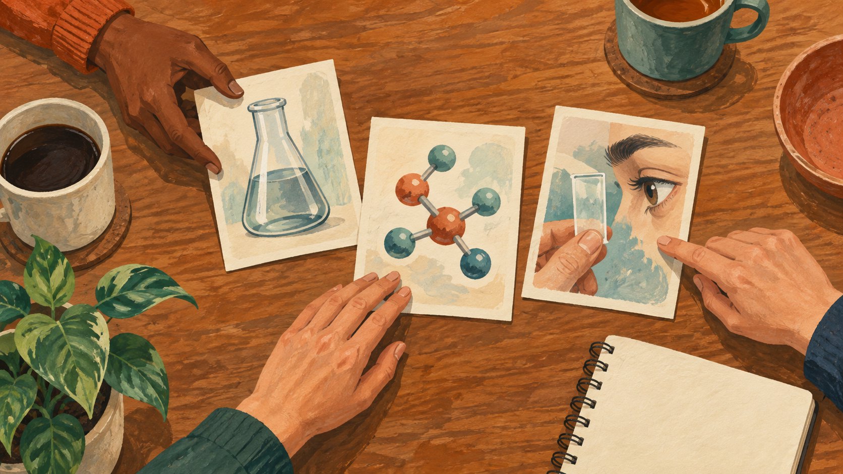概念插圖:觀眾在木桌上排列玻璃器皿、分子模型與觀察圖卡,討論影像呈現與科學證據的差別