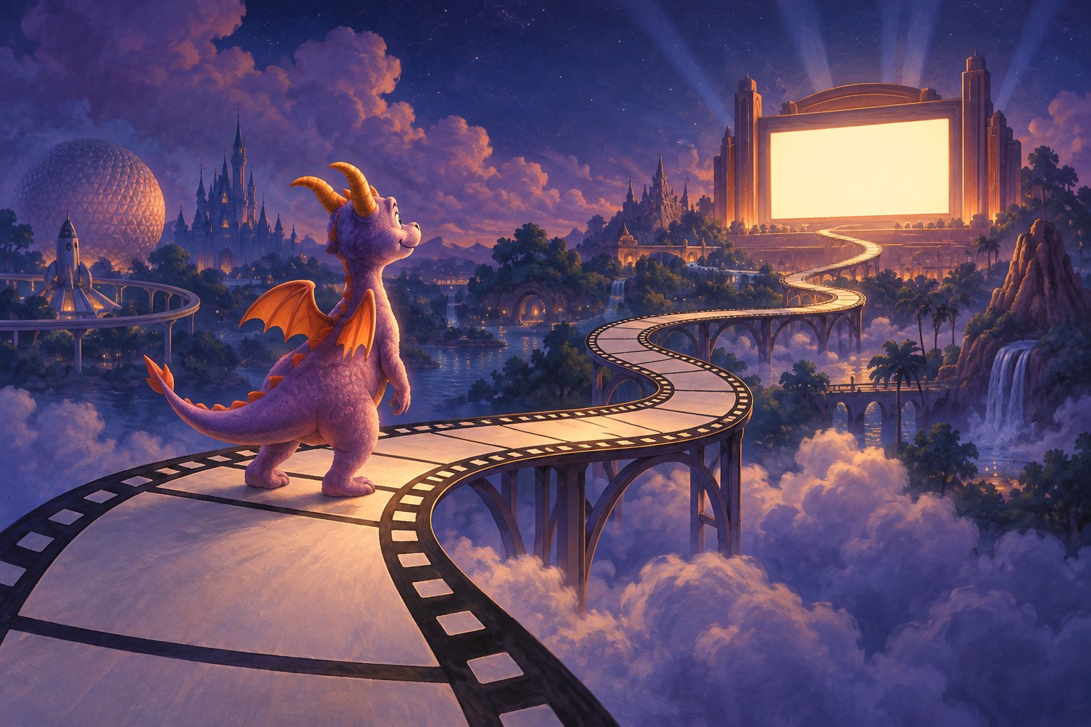 Conceptual illustration of a purple dragon on a winding filmstrip path leading toward a glowing cinema screen.