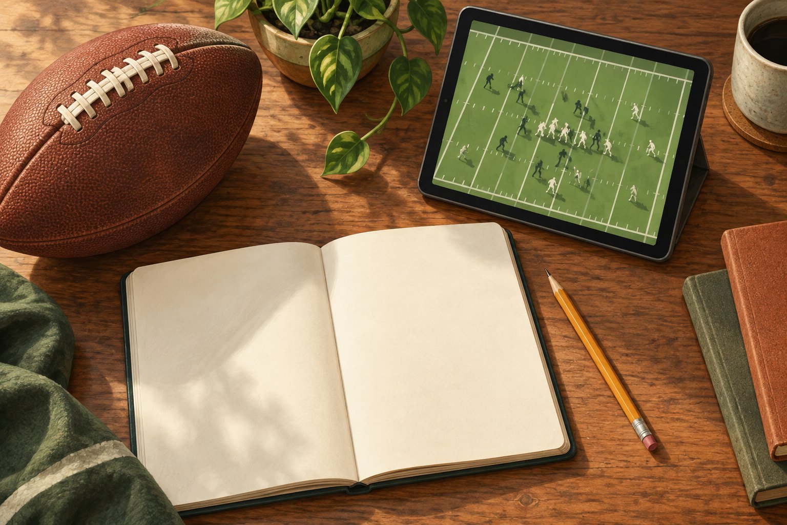 Conceptual illustration of a football, blank notebook, pencil, and tablet showing a football field on a wooden desk.