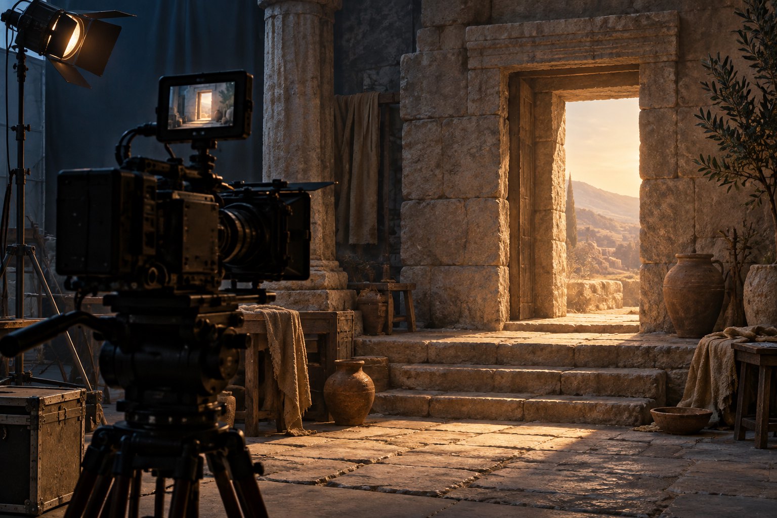 Conceptual illustration of a cinema camera facing an illuminated ancient stone doorway on a soundstage.