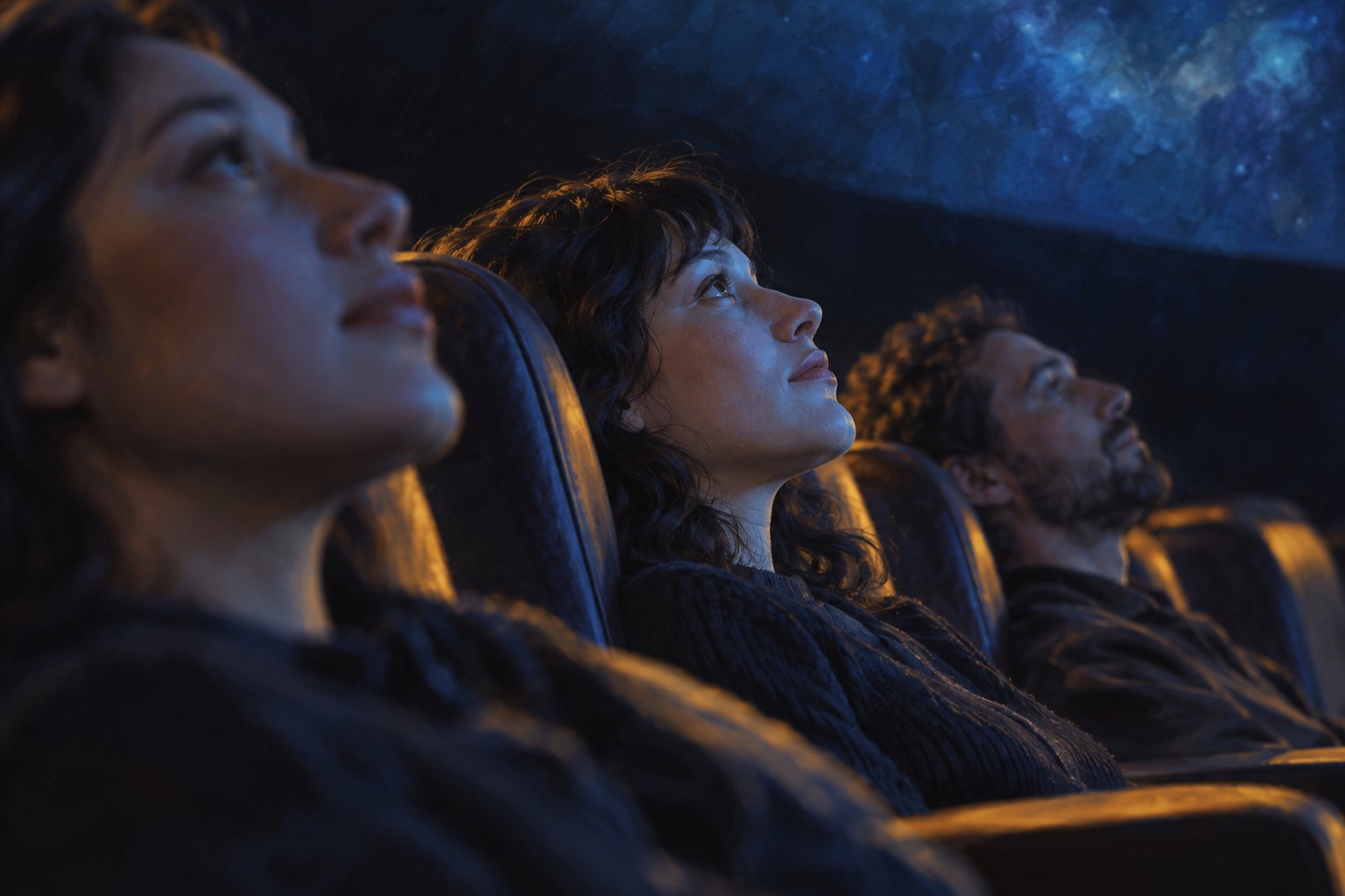 Conceptual illustration of three audience members looking upward from reclining seats in soft blue projection light.