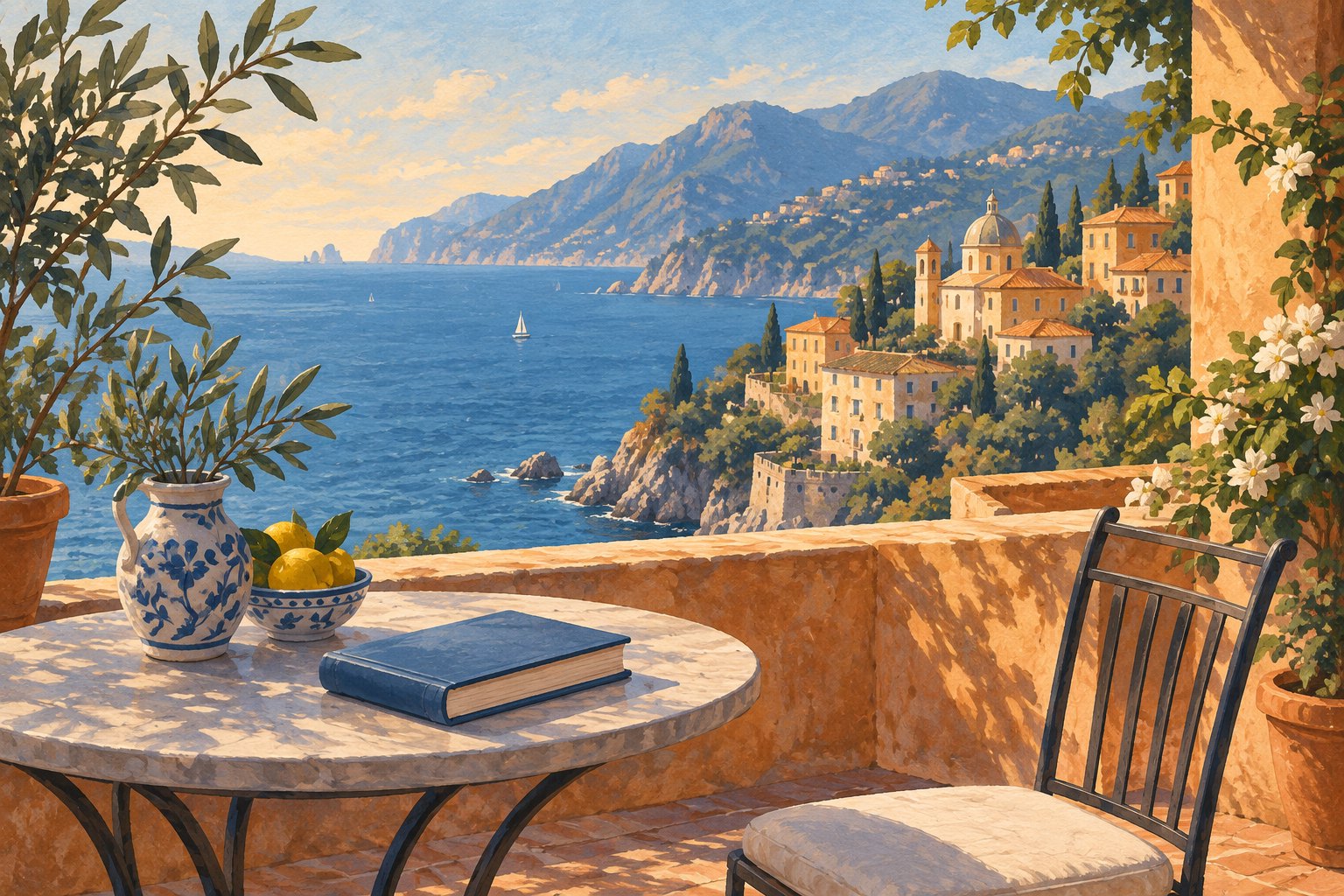 Original illustration of a closed blue book and an empty chair on a sunlit terrace overlooking an Italian coastal landscape.