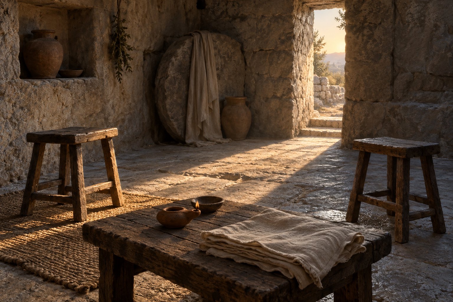 Conceptual illustration of two empty wooden stools, an oil lamp, and folded linen in a stone room lit by morning sunlight.