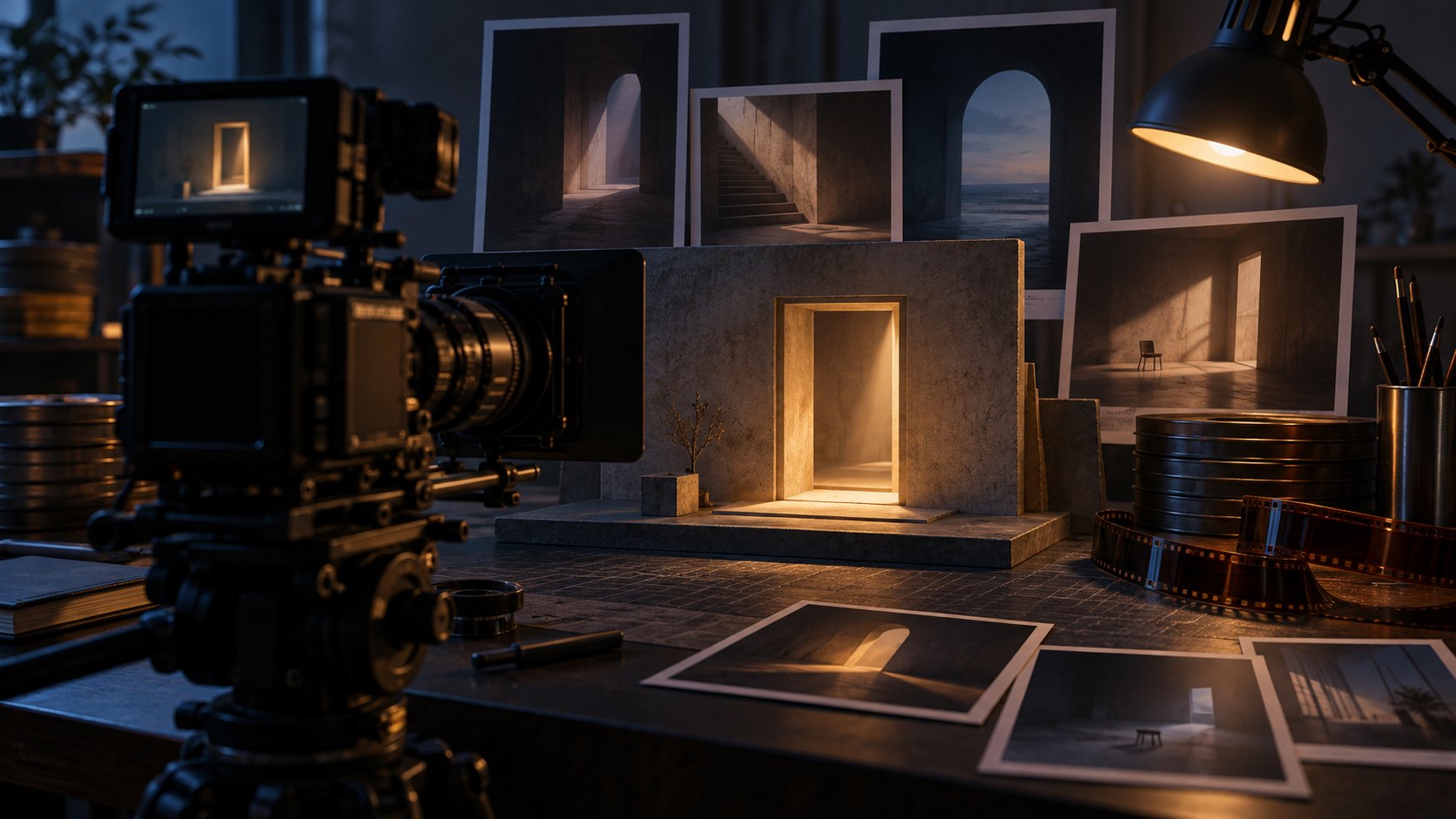 攝影機對準暖光照亮的微型門框,桌面散放不同空間構圖的影像卡片