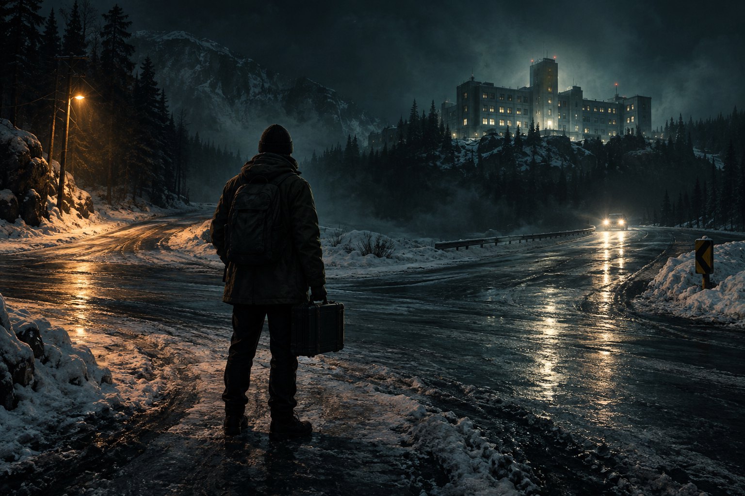 Concept illustration of a courier carrying a case at a snowy nighttime junction beneath a distant illuminated building.