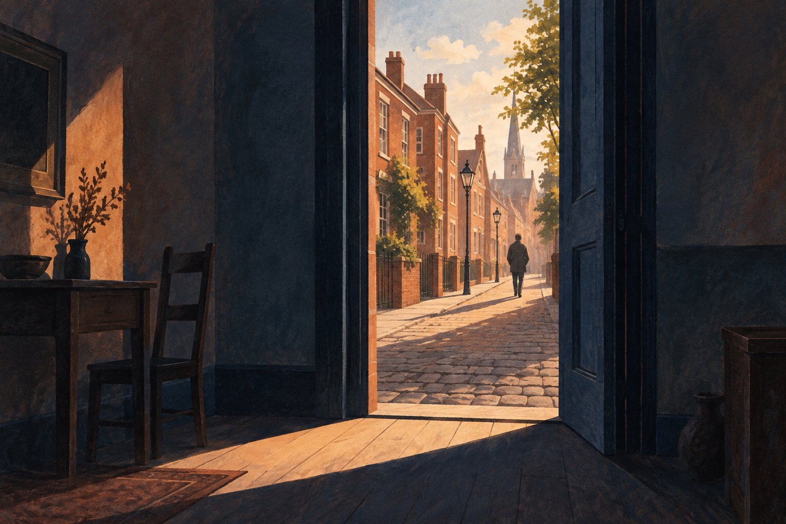 Conceptual illustration of a shadowed doorway framing a distant figure on a sunlit brick-lined street.