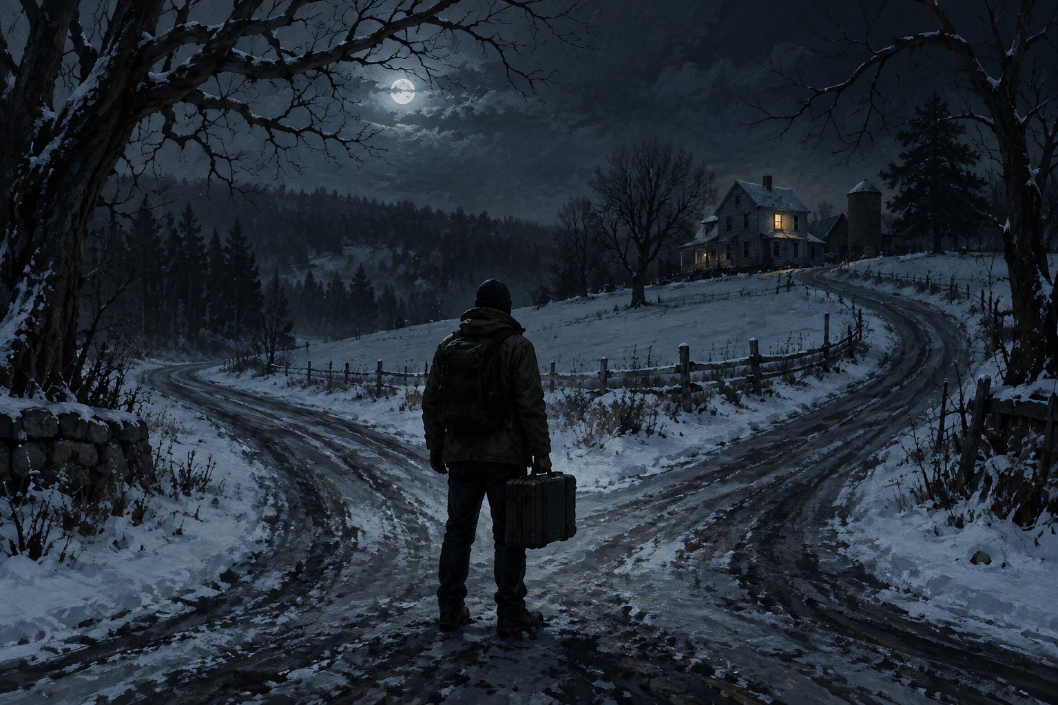 Conceptual illustration of a courier carrying a case at a snowy crossroads beneath a distant farmhouse.