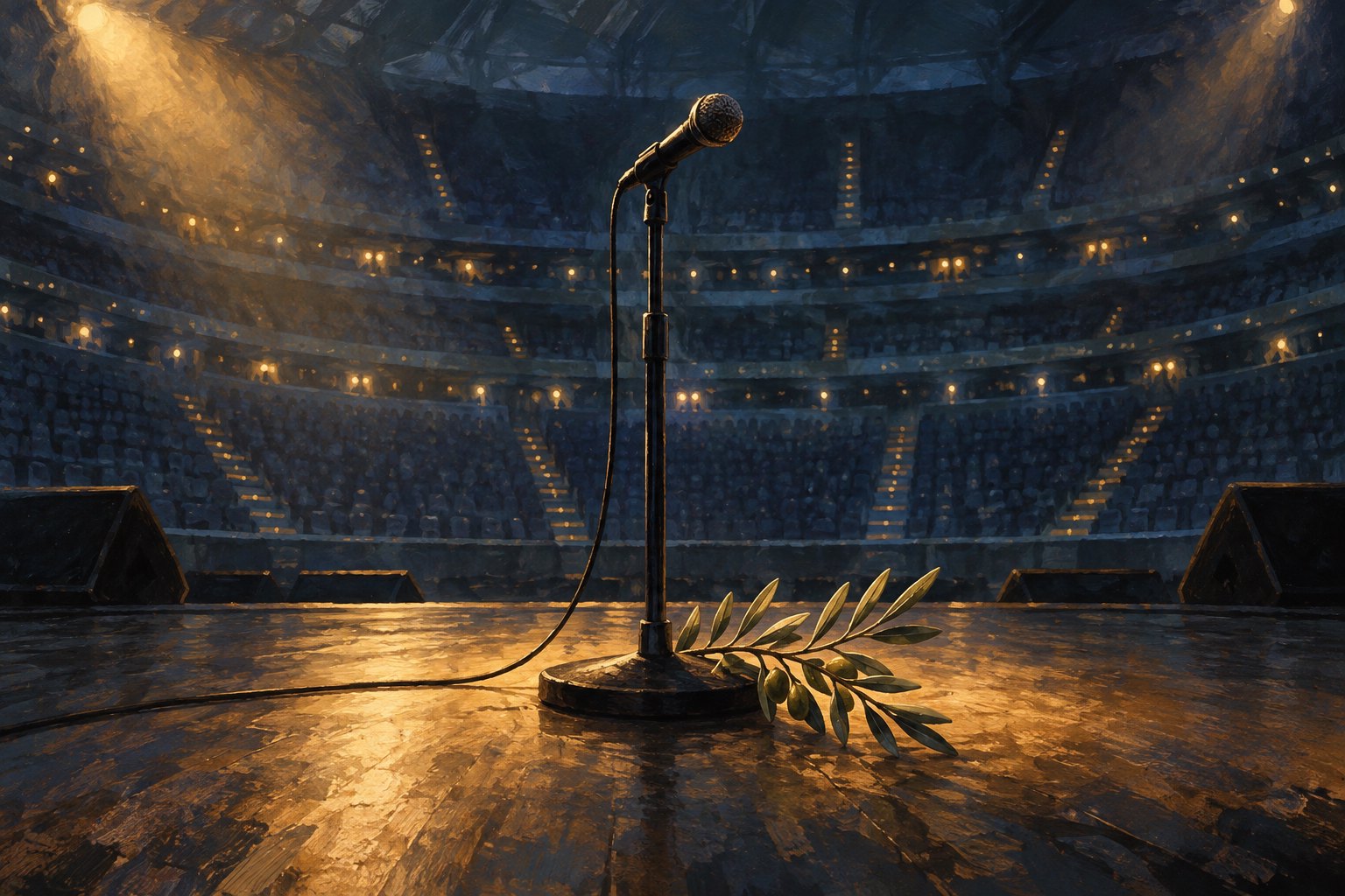 Editorial illustration of a microphone and olive branch on an empty stadium stage under warm spotlights.