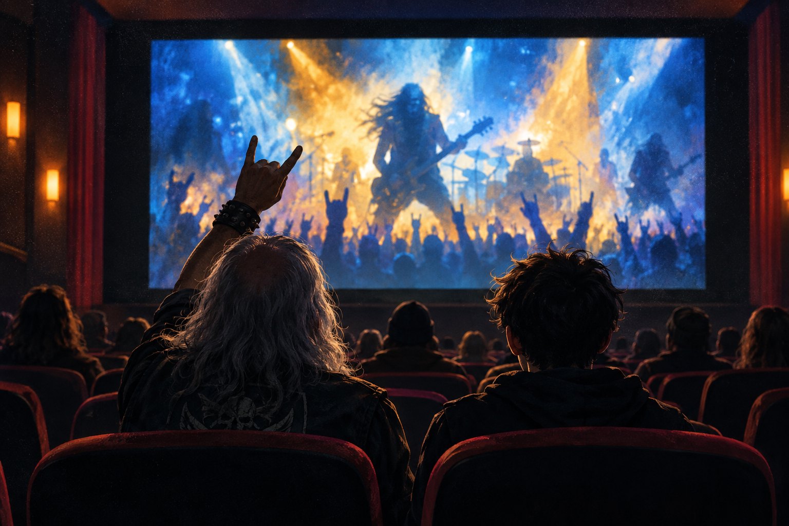 Conceptual illustration of fans watching a heavy metal performance on a cinema screen filled with blue and amber light.