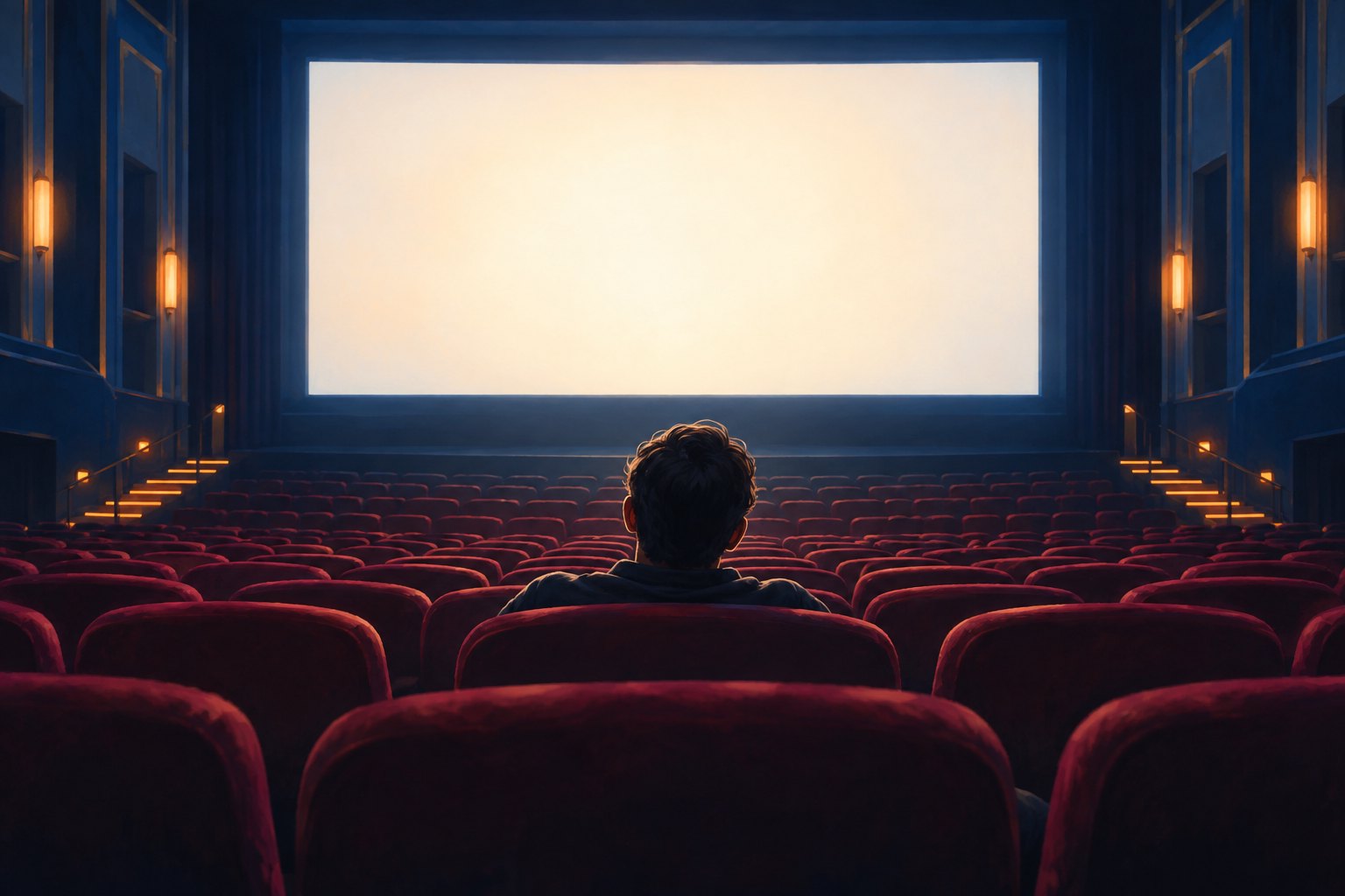 Painterly illustration of a solitary moviegoer facing a glowing blank screen amid rows of burgundy theater seats.