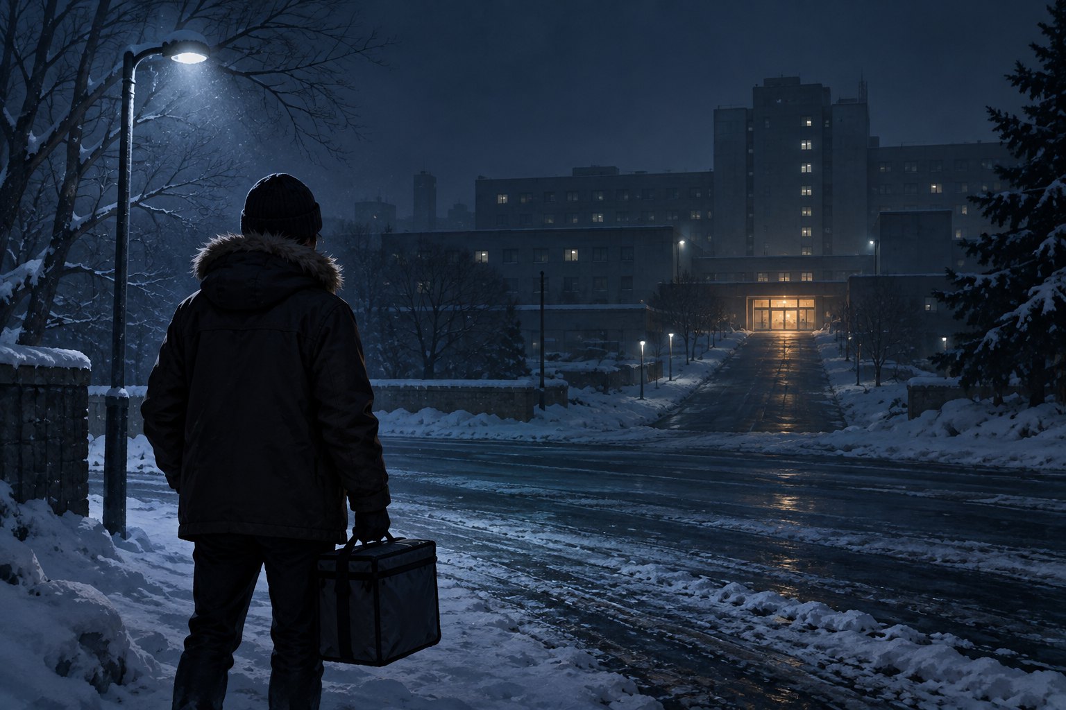 Concept illustration of a courier carrying a delivery case toward a distant illuminated building on a snowy night.