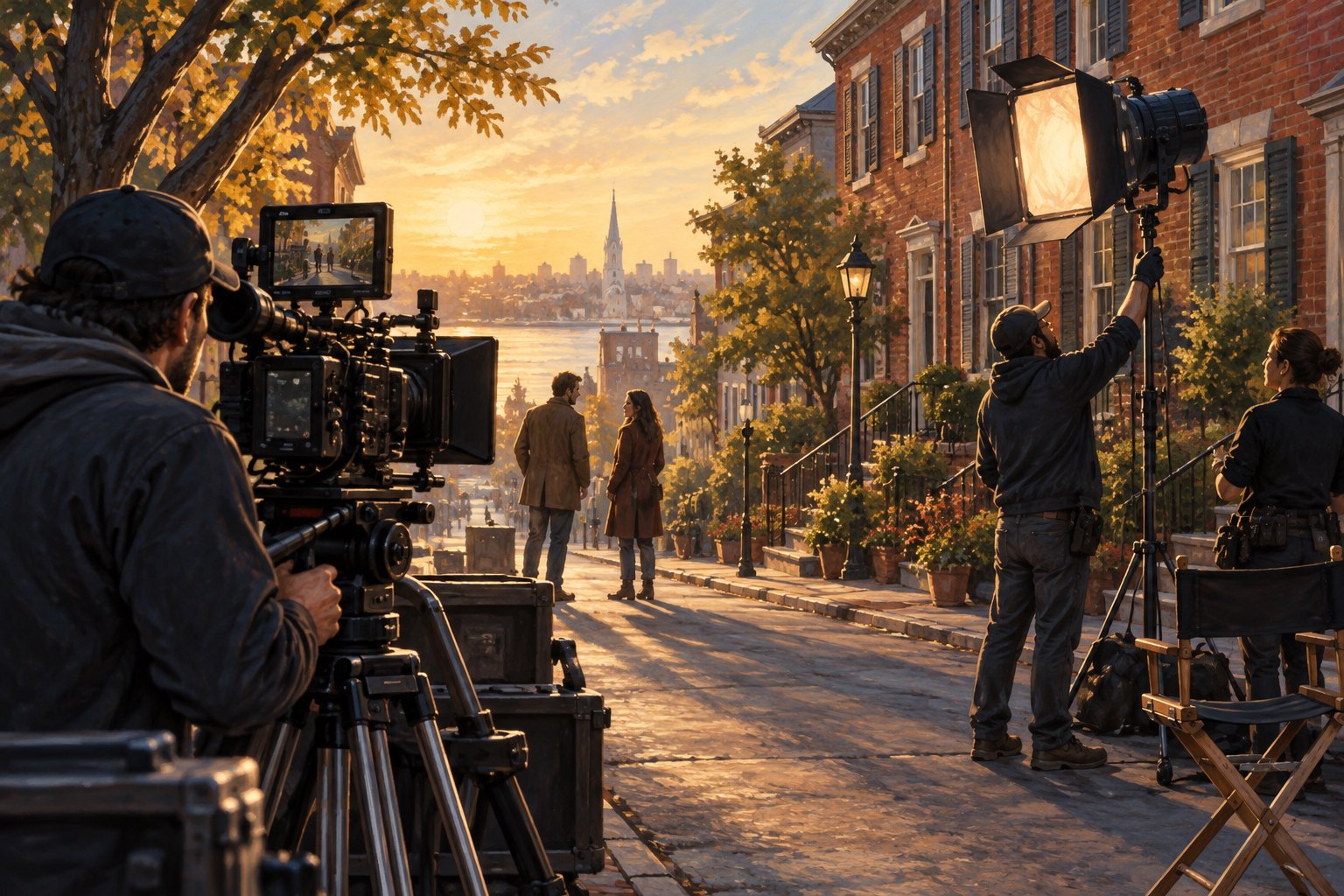Editorial illustration of a camera crew filming two performers on an imagined brick-lined street in warm evening light.