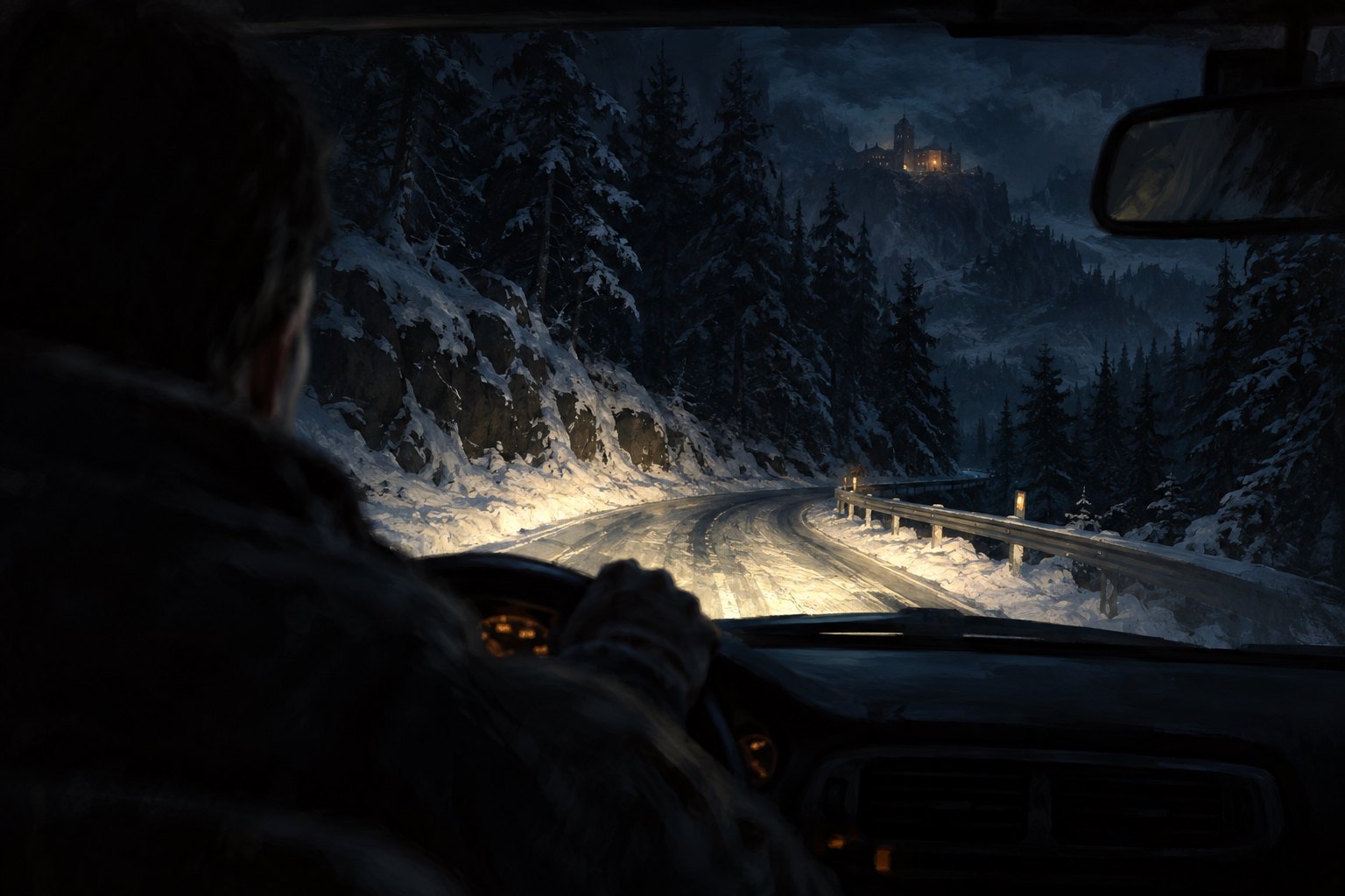 Concept illustration of a driver looking through a windshield at a snowbound forest road illuminated by headlights.
